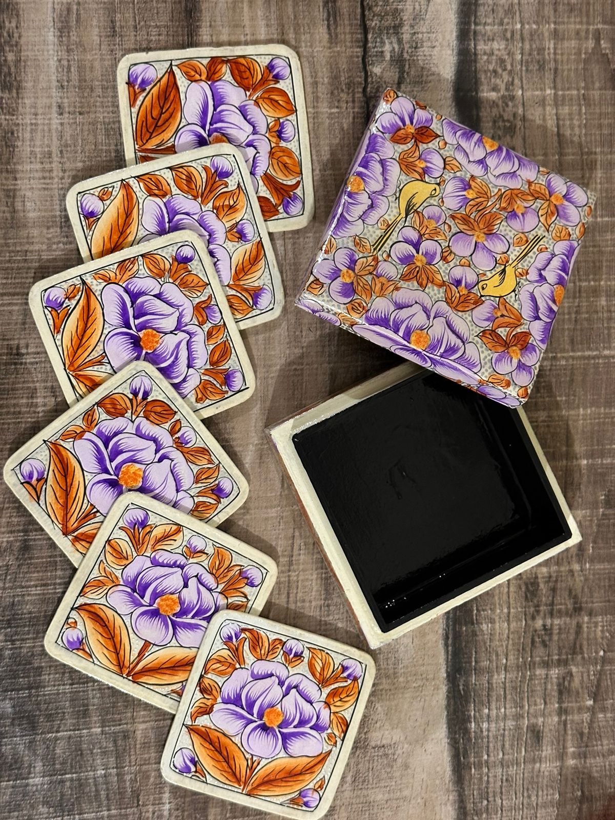 Kashmiri Paper Mache Coaster Set ( 6 coasters ) with Trinket Box . Antique Paper Mache Box